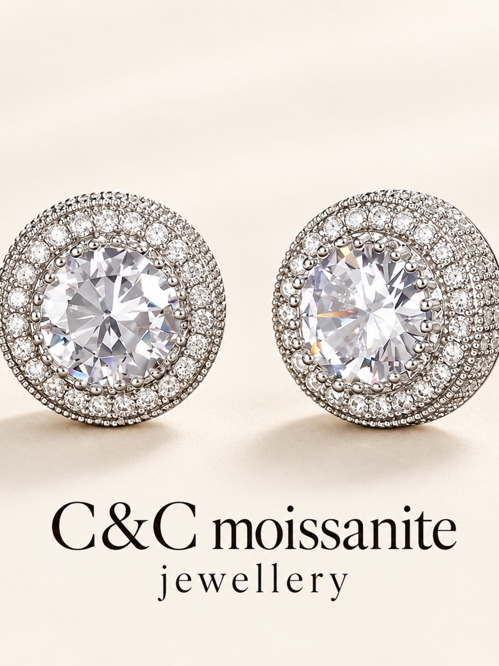 C&C Moissanite Sterling Silver Halo Stud Earrings in White
